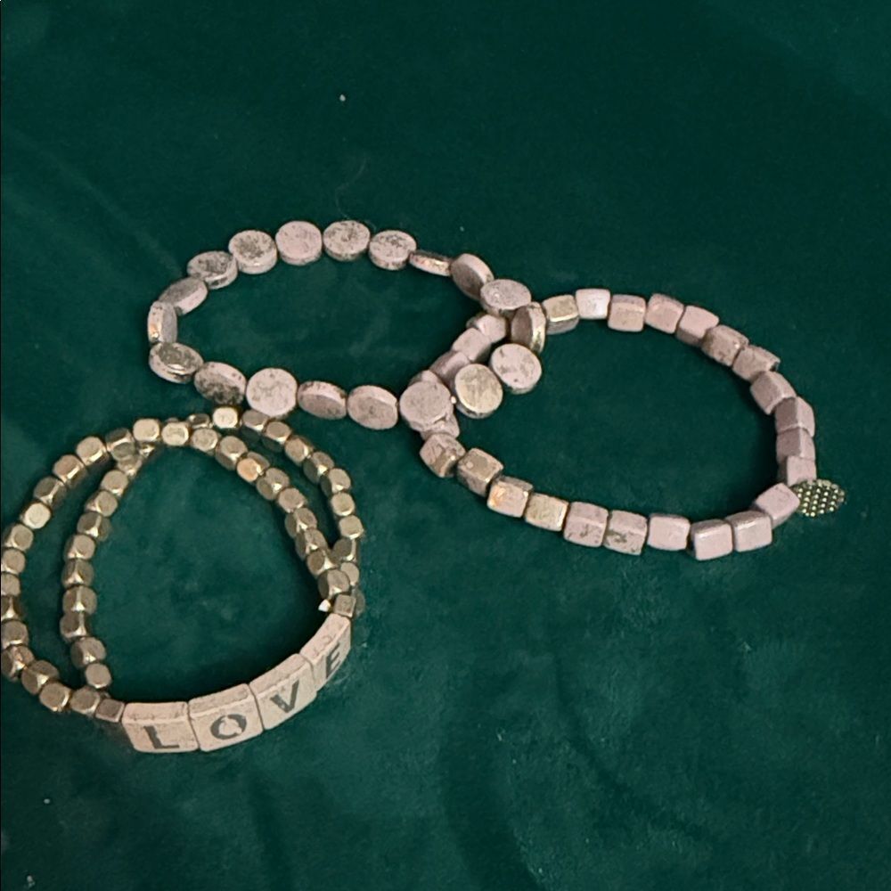 Beaded Stone BraceletโSet of (3) LOVE Bracelet Stretch Pink & Gold Stones